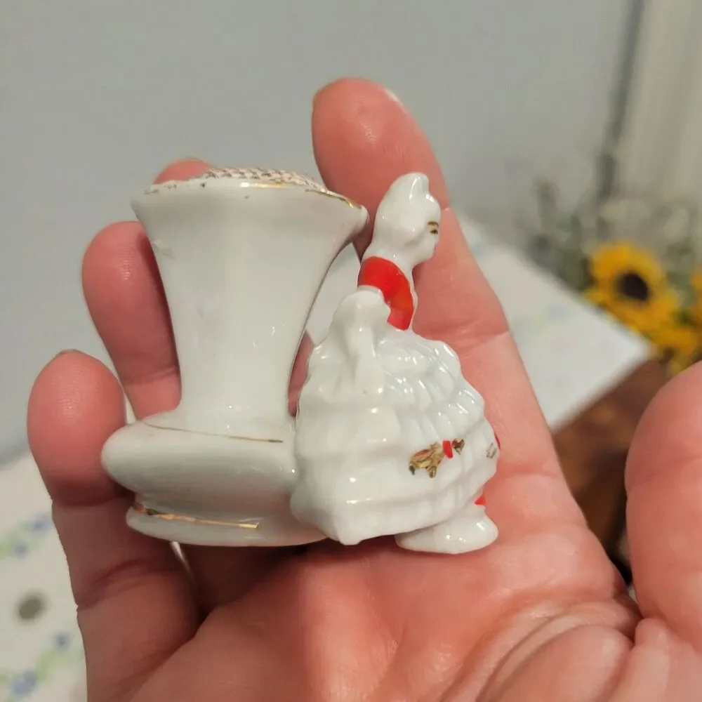 Vtg Set of 2 Porcelain Toothpick Holders Elegant Lady and Man Japan Pin Cushions